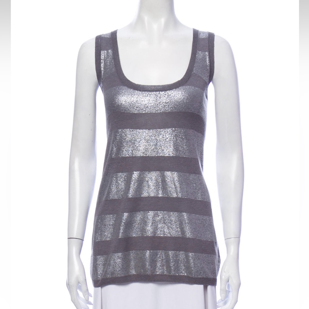 Tory Burch Metallic Gray & Silver Striped Scoop Neck Tank Top Size: S / Small